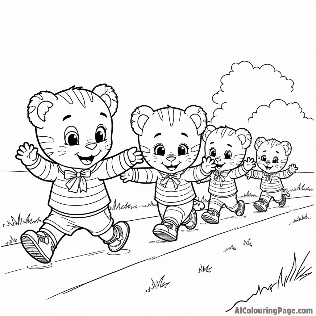 Daniel Tiger and his friends participating in a fun race with colorful ribbons, cheering on each other to finish strong.