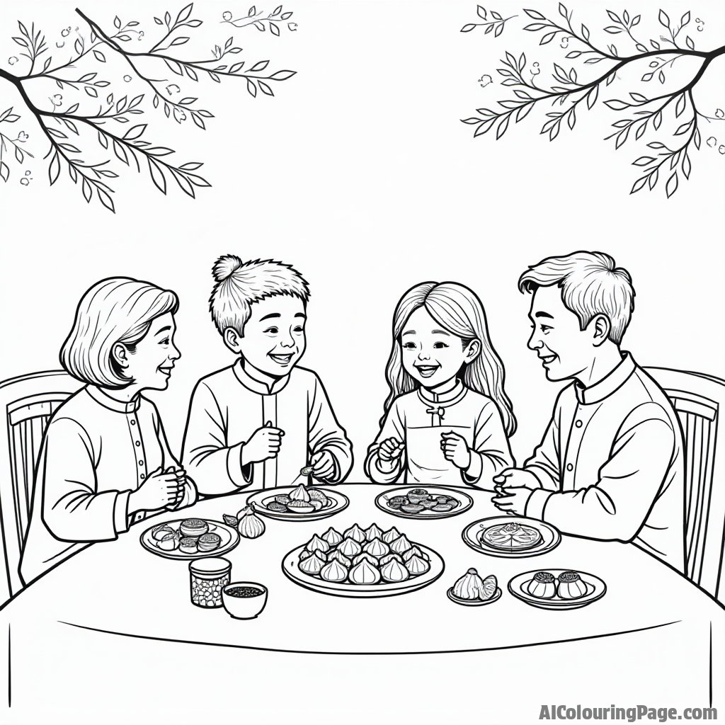 A family gathered around a table filled with traditional Chinese New Year foods like dumplings and oranges, sharing laughs and stories, emphasizing the importance of family during this festive occasion.