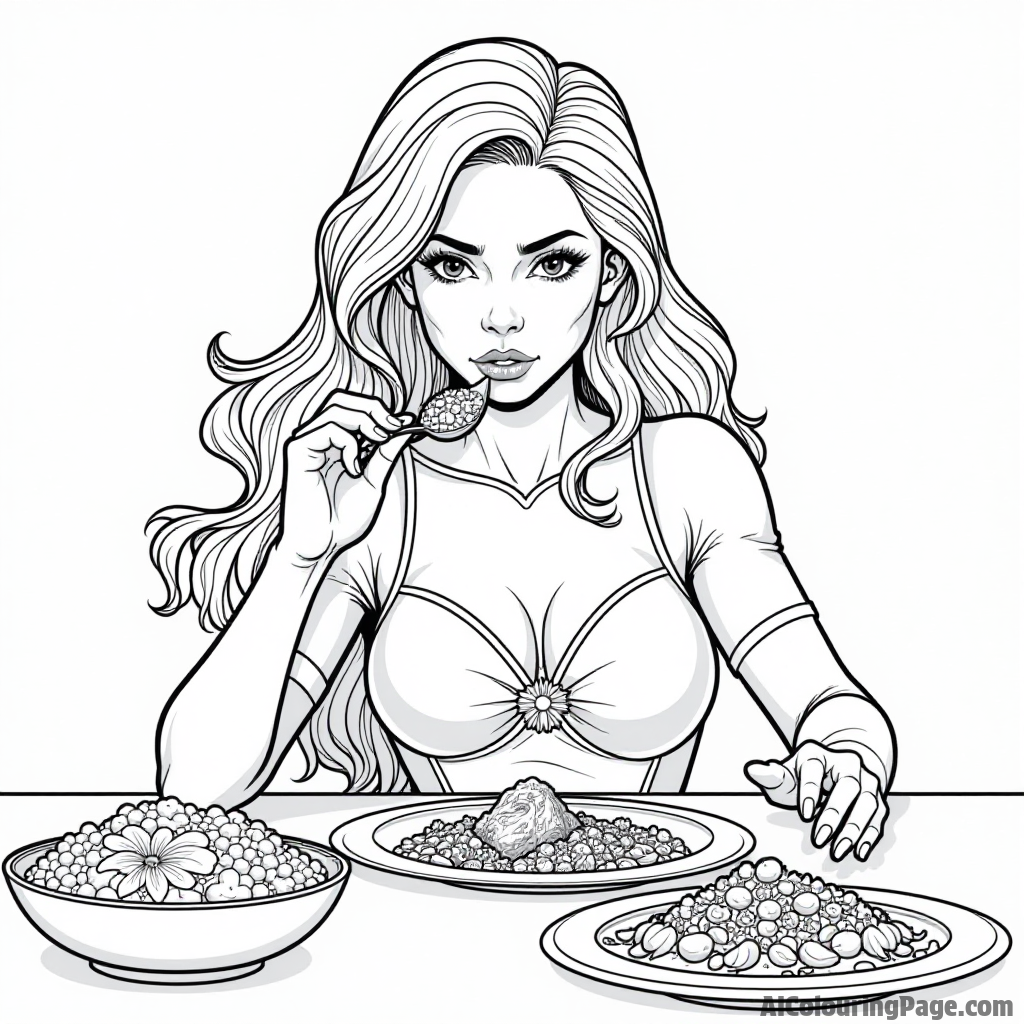 Starfire exploring Earth cuisine, a table filled with various dishes, and her confused expression as she tastes something new.