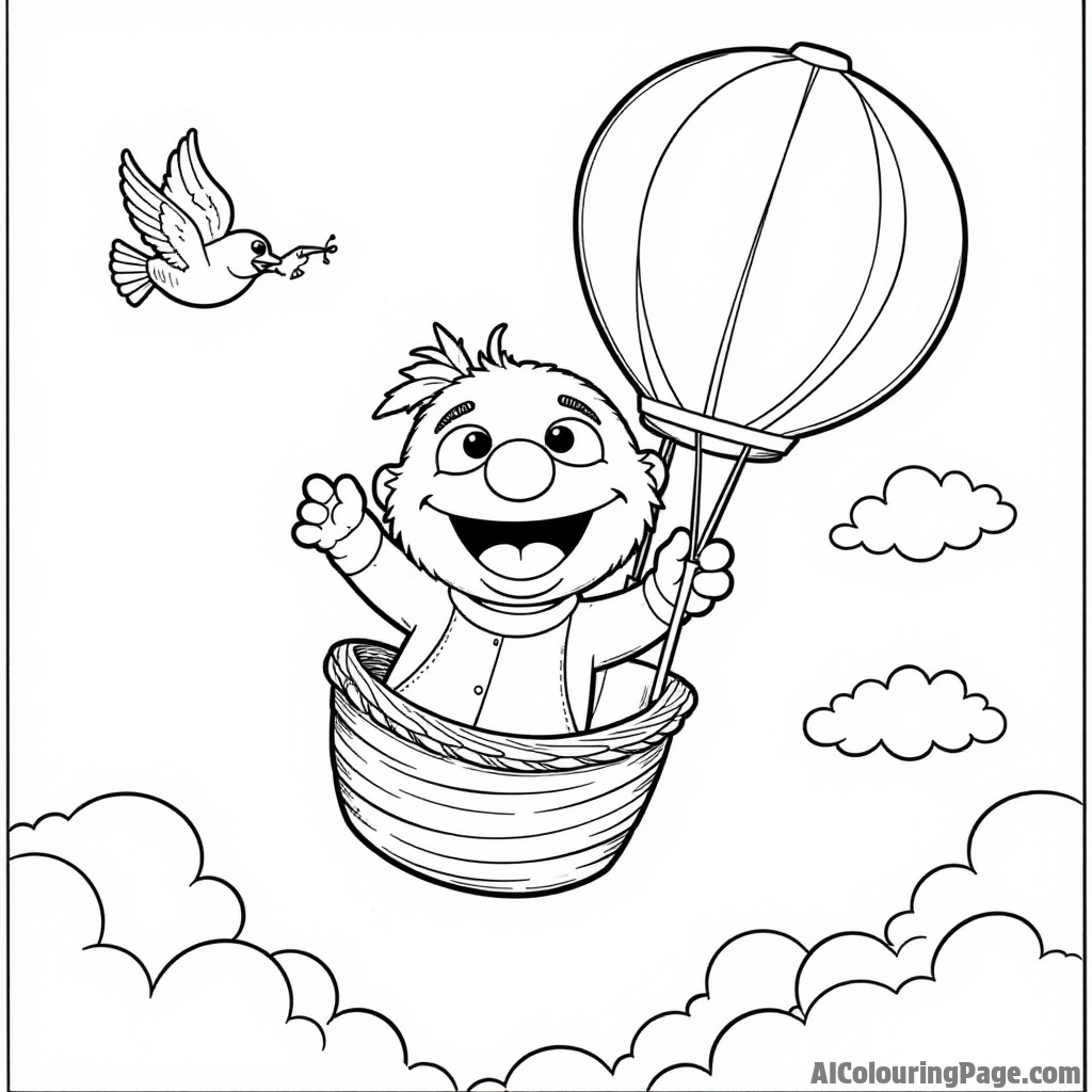 A Muppet baby flying in a hot air balloon, with beautiful clouds and birds soaring around in the vast sky.