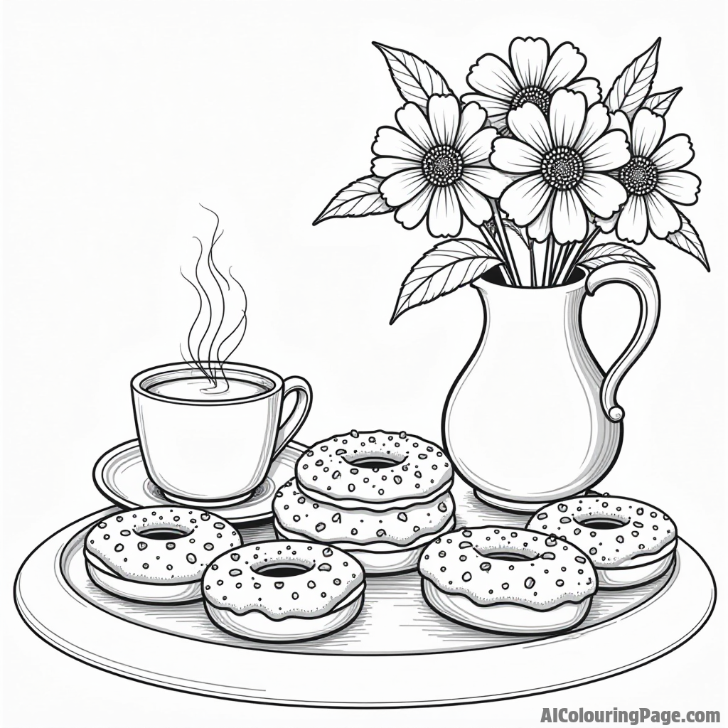 A cozy breakfast table set with various tasty donuts, a steaming cup of hot chocolate, and a vase of flowers.