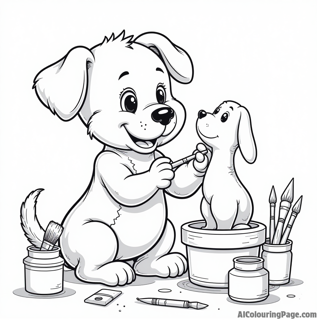 A puppy artist sculpting a clay figure, surrounded by colorful pots, brushes, and a finished sculpture looking proud.