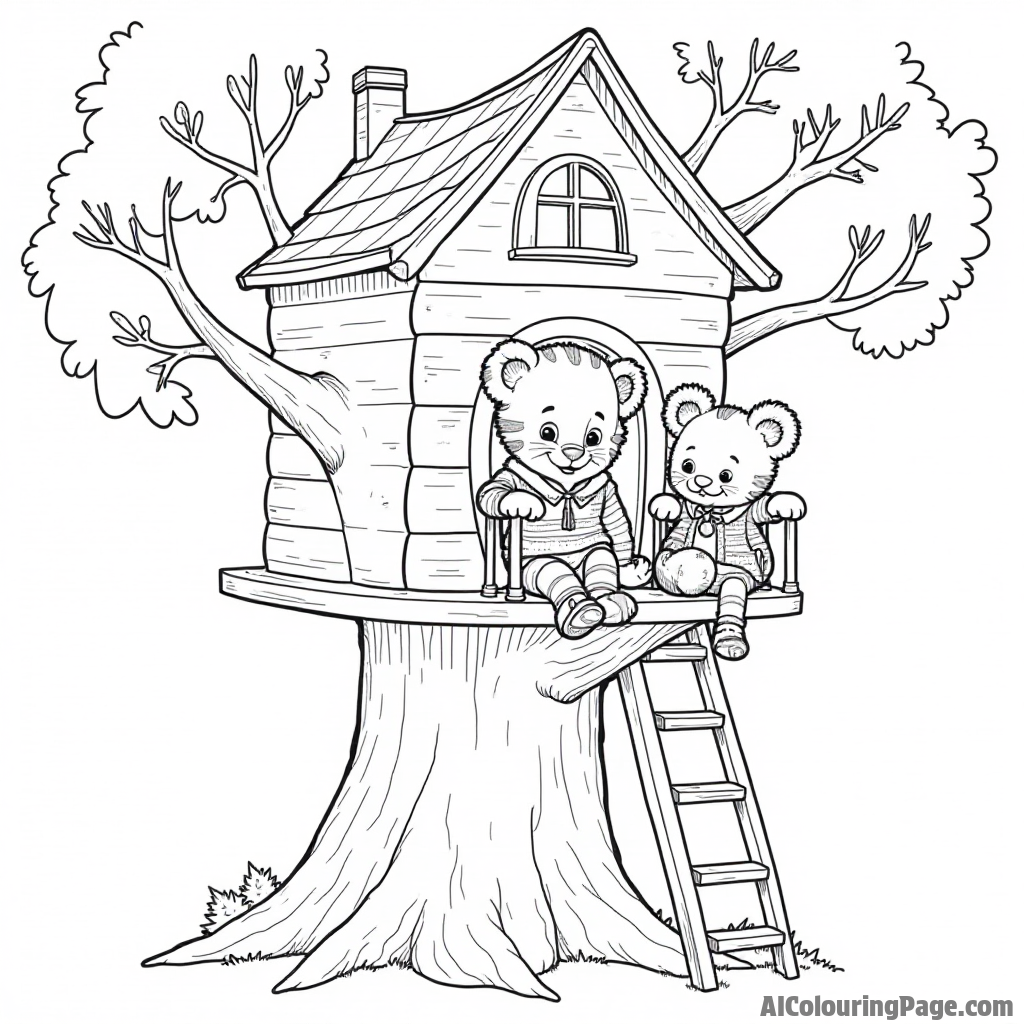 Daniel Tiger playing in a treehouse with his friends, surrounded by branches, leaves, and a rope ladder leading down.