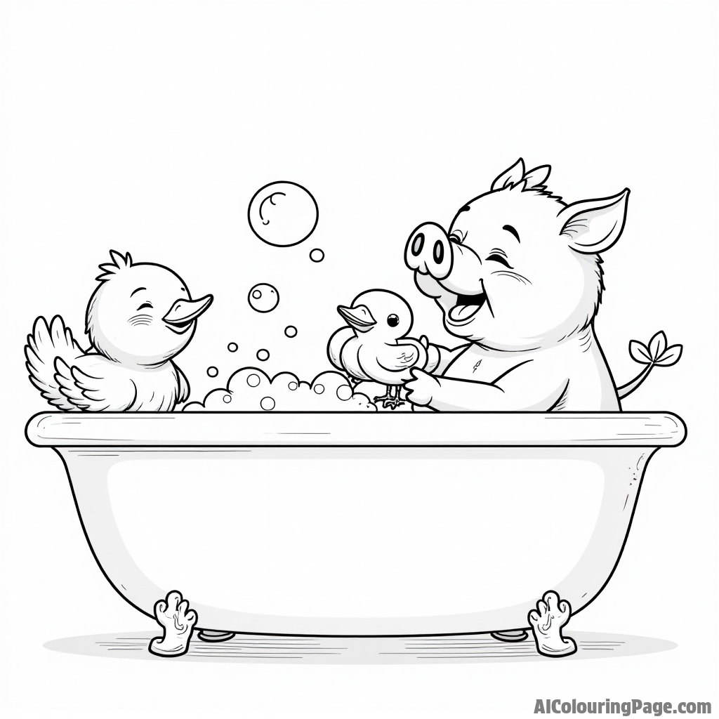 A bird taking a bubble bath in a large tub while a pig holds a rubber duck and laughs nearby