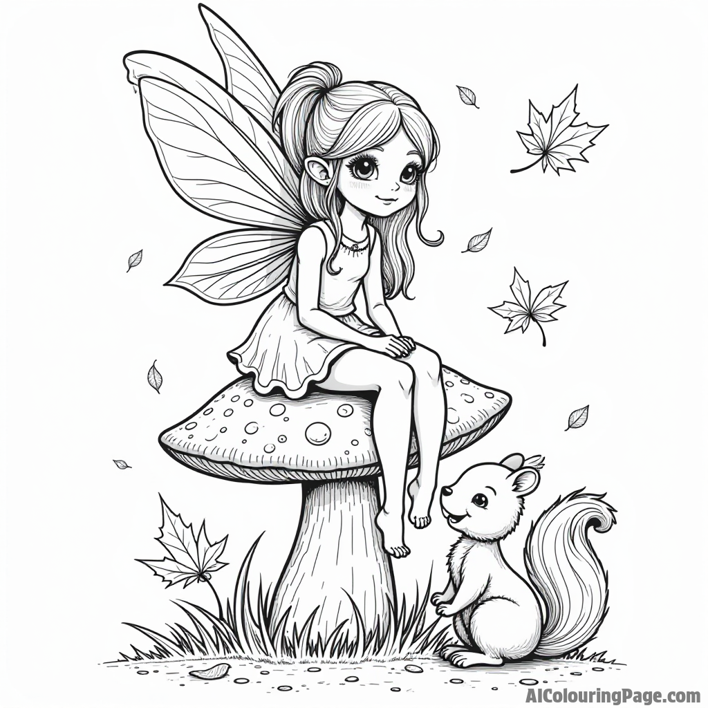 A whimsical fairy sitting on a mushroom, surrounded by dancing autumn leaves and a tiny squirrel nearby.