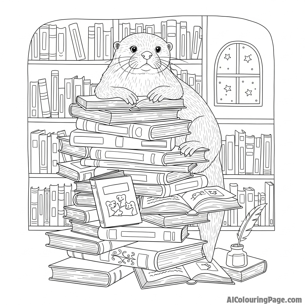 A whimsical illustration of an otter in a library, perched on a stack of books.