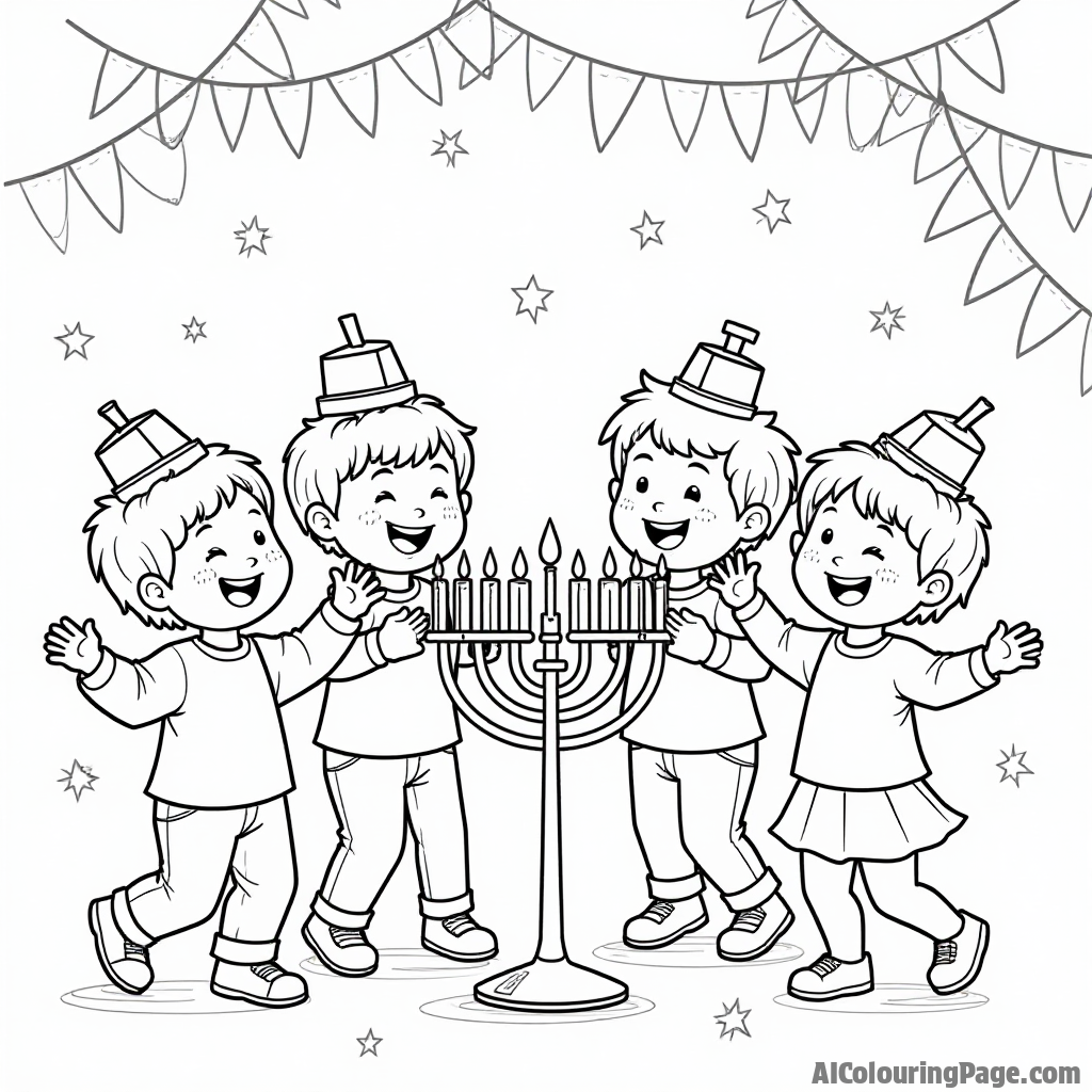 A group of children wearing dreidel hats, joyfully dancing around a menorah, surrounded by Hanukkah decorations, creating a lively and festive scene for kids to color.