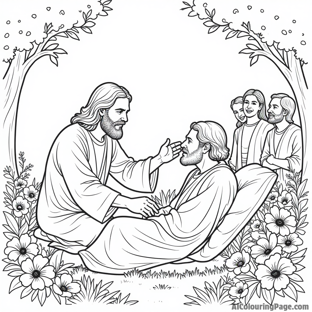 Jesus healing a sick person, vibrant garden with blooming flowers, amazed onlookers witnessing the miracle