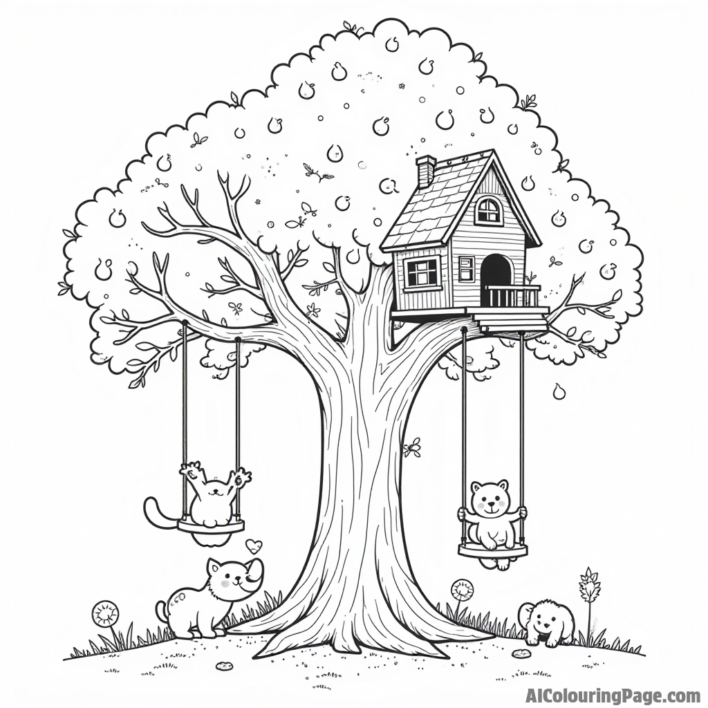 A pear tree with a treehouse, swings hanging from branches, and playful animals, creating a whimsical scene for coloring.