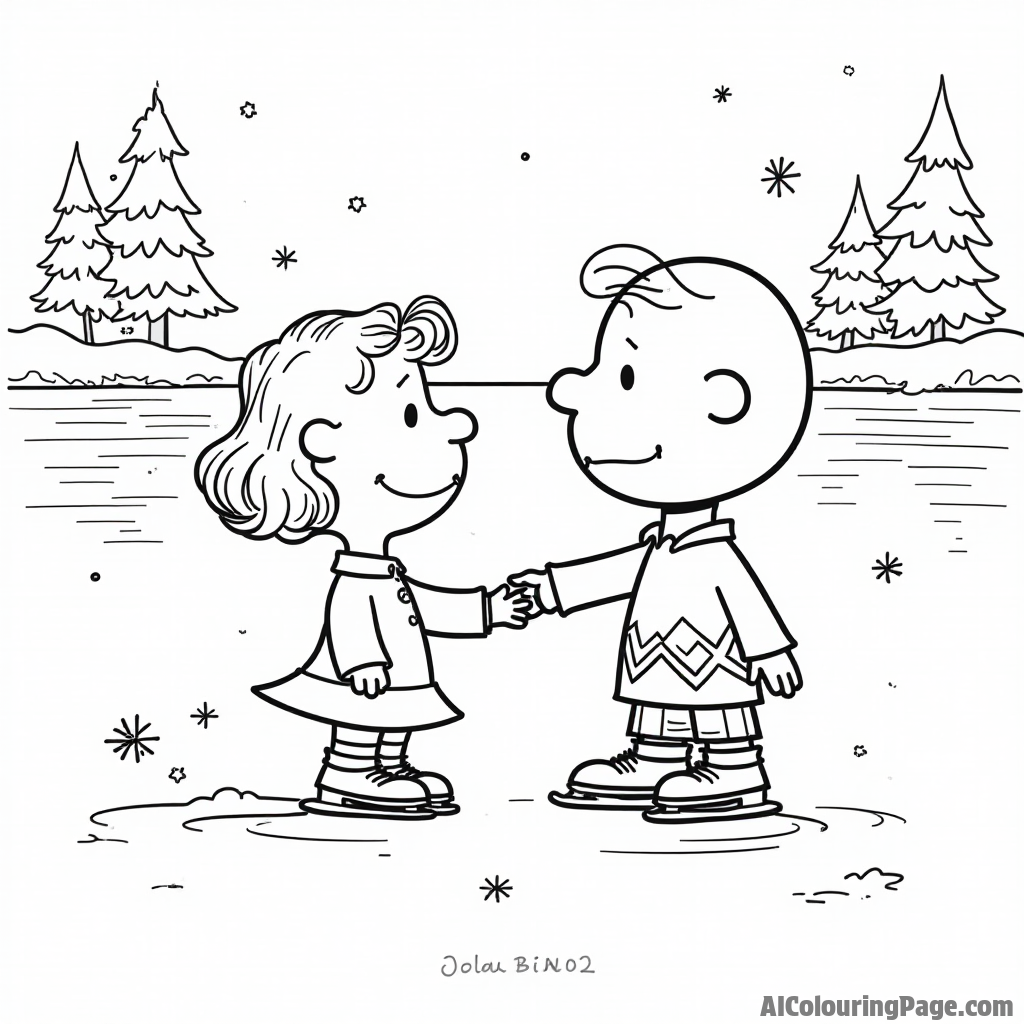 Lucy and Charlie Brown ice skating on a frozen pond with snowflakes falling down and trees lining the edge