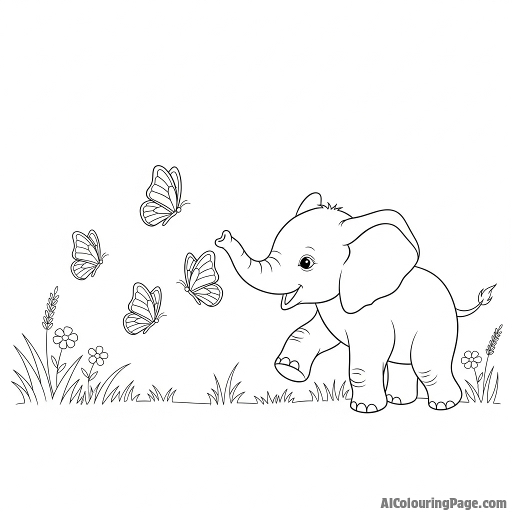A baby elephant chasing butterflies in a meadow.