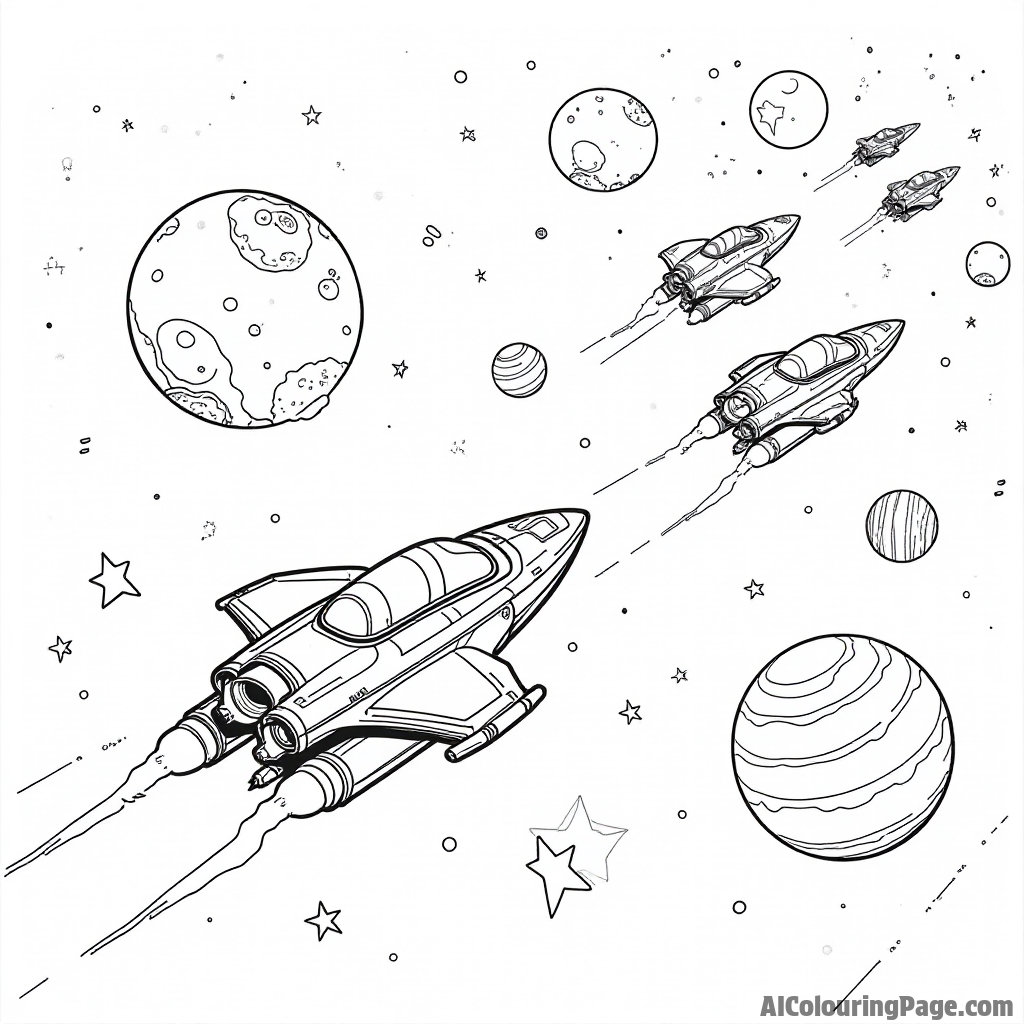 A cosmic race scene with different spaceships zooming past planets and stars, creating a dynamic and exciting atmosphere.