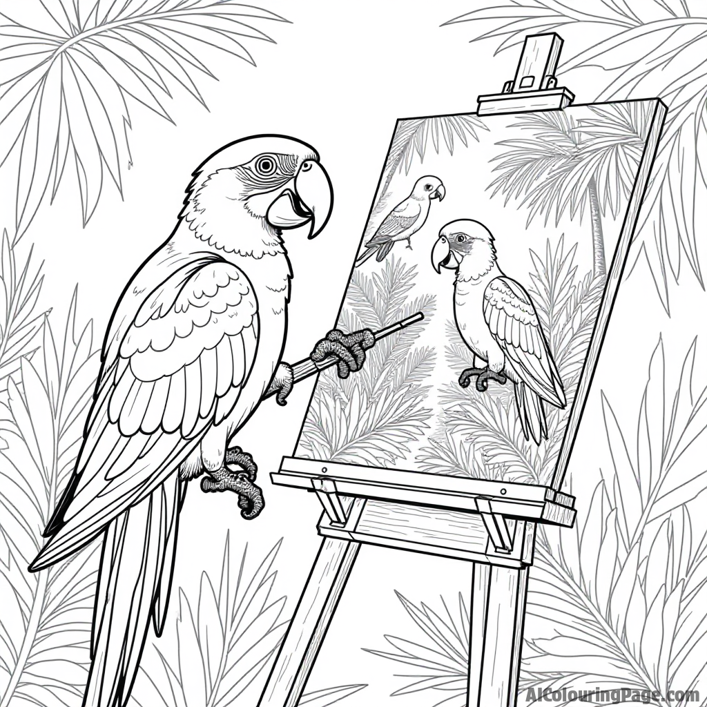 A parrot artist painting on an easel with a canvas depicting a jungle scene filled with other tropical birds