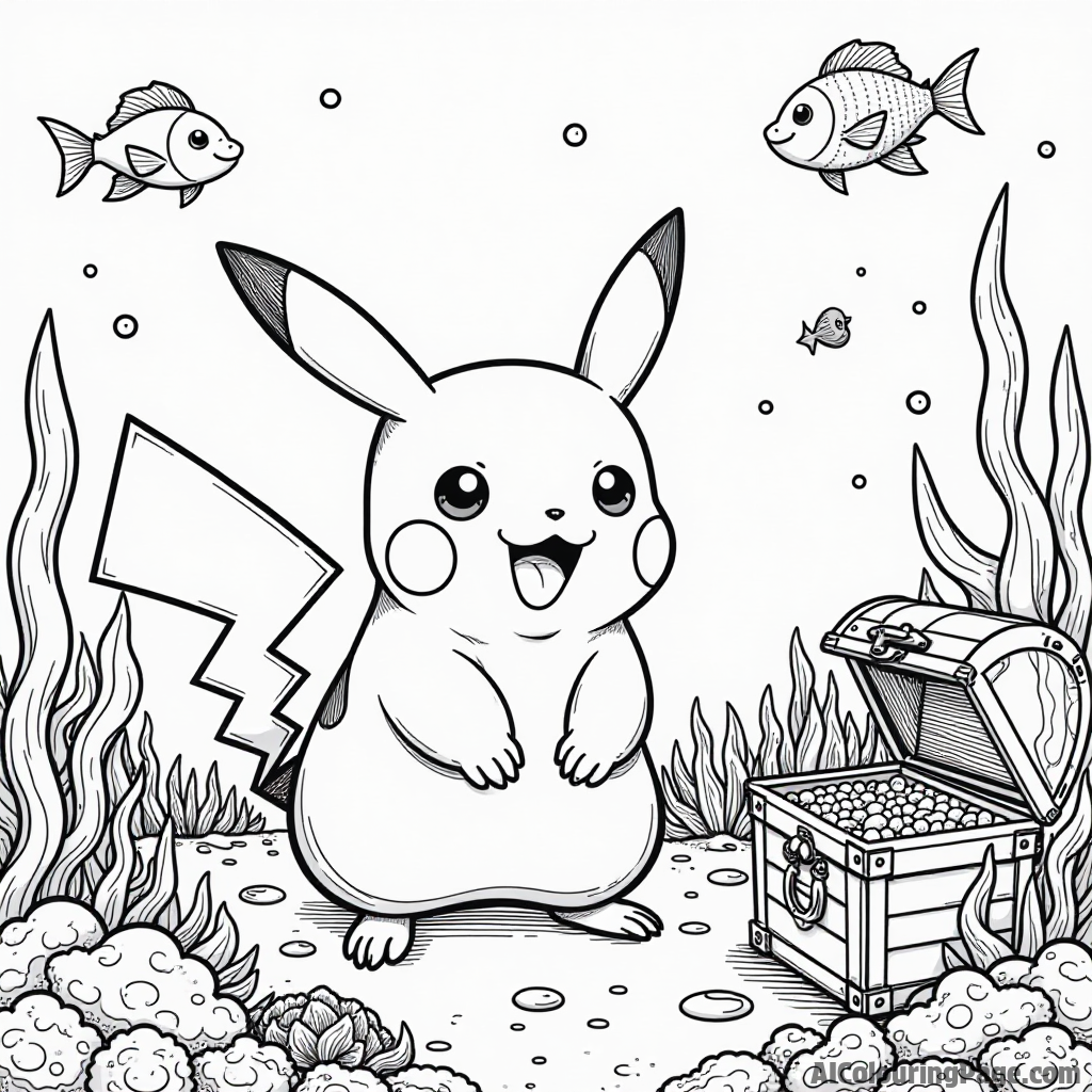 Pikachu exploring an underwater scene with fish, coral, and treasure chests in the ocean