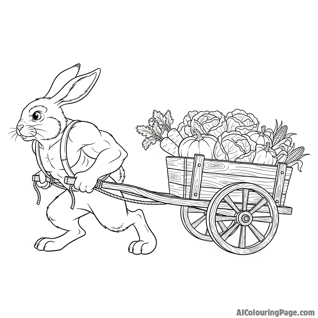 A powerful bunny pulling a small, rustic cart filled with garden vegetables.