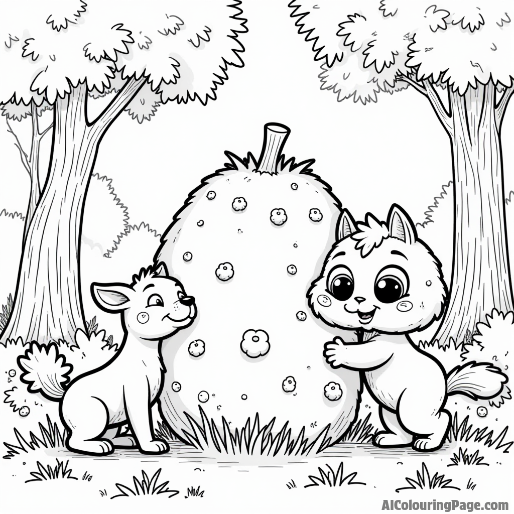 A silly blueberry character playing hide and seek behind a bush, with playful animals watching nearby in a forest setting.