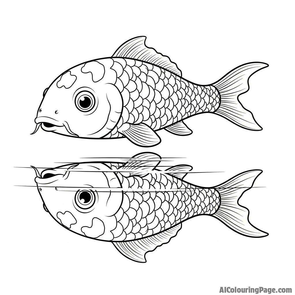 A koi’s perfect, undistorted reflection on the mirror-like surface of calm water.