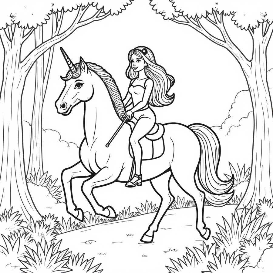 Barbie riding a unicorn in a magical forest