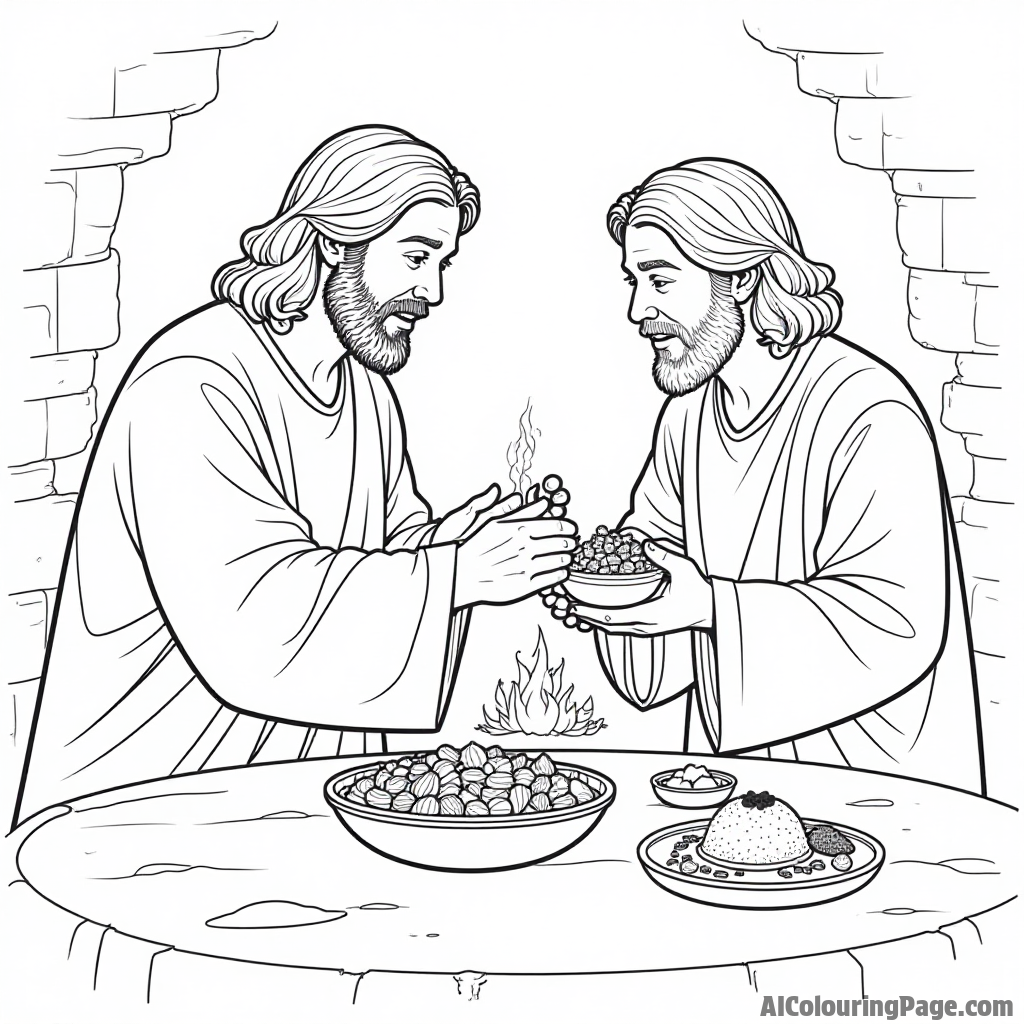 Jesus sharing a meal with the hungry, a warm hearth in the background, simple food laid out