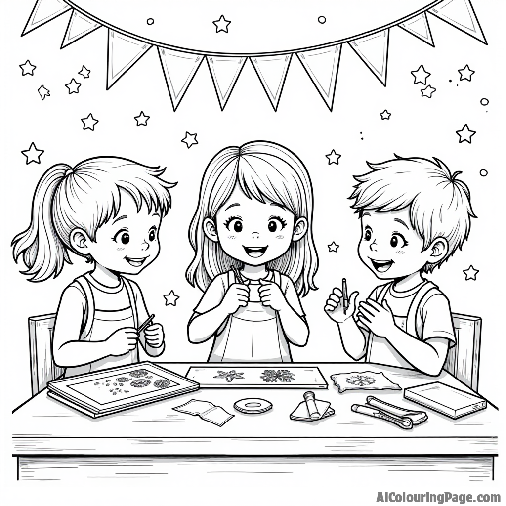 A festive craft station with children making colorful decorations, supplies scattered around, and cheerful expressions, creating a wonderful coloring page for Festivals and Traditions.