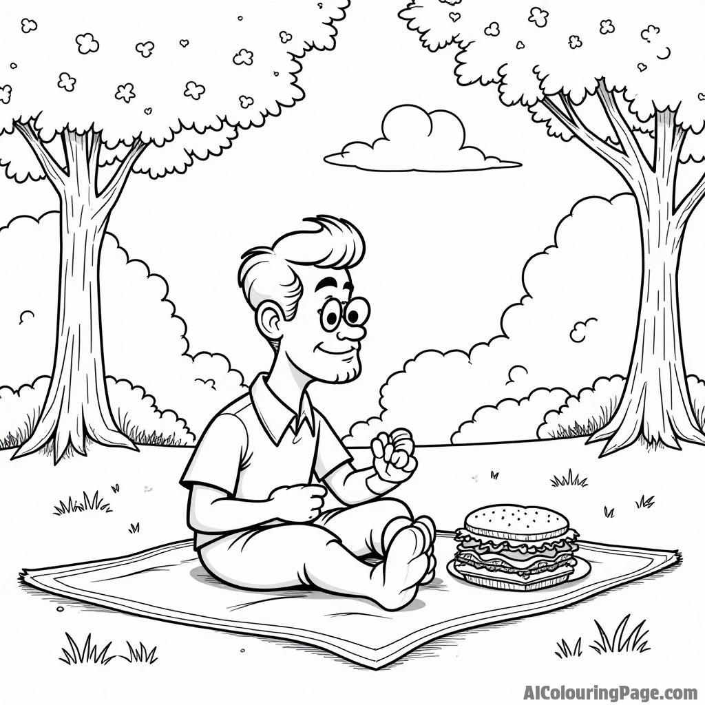 Johnny Bravo having a picnic in the park with sandwiches and a blanket