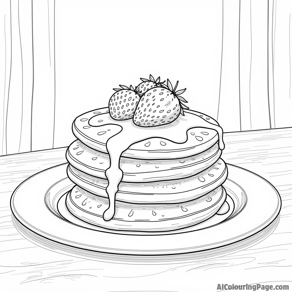 A stack of fluffy pancakes topped with fresh strawberries and a drizzle of syrup on a bright sunny breakfast table