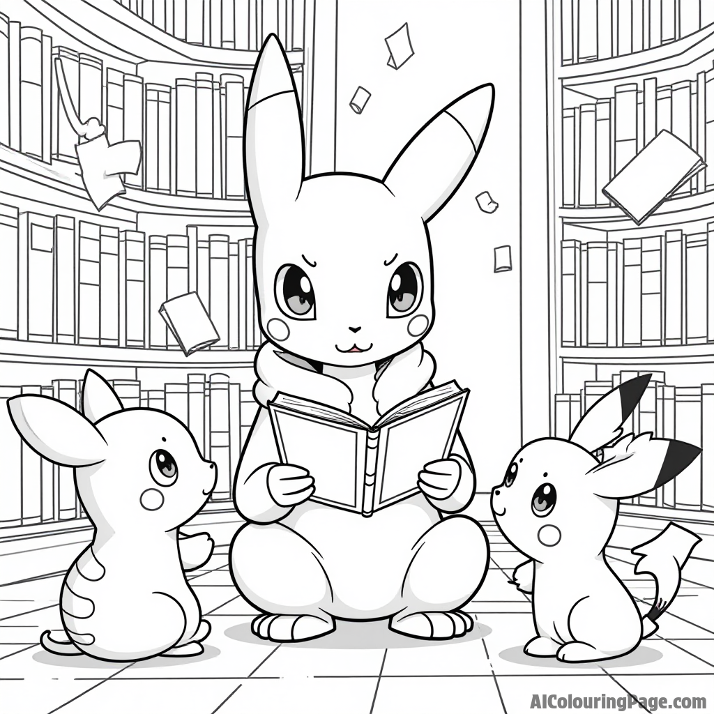 A wise Alakazam reading a book in a library surrounded by floating books and curious Pokémon listening intently.