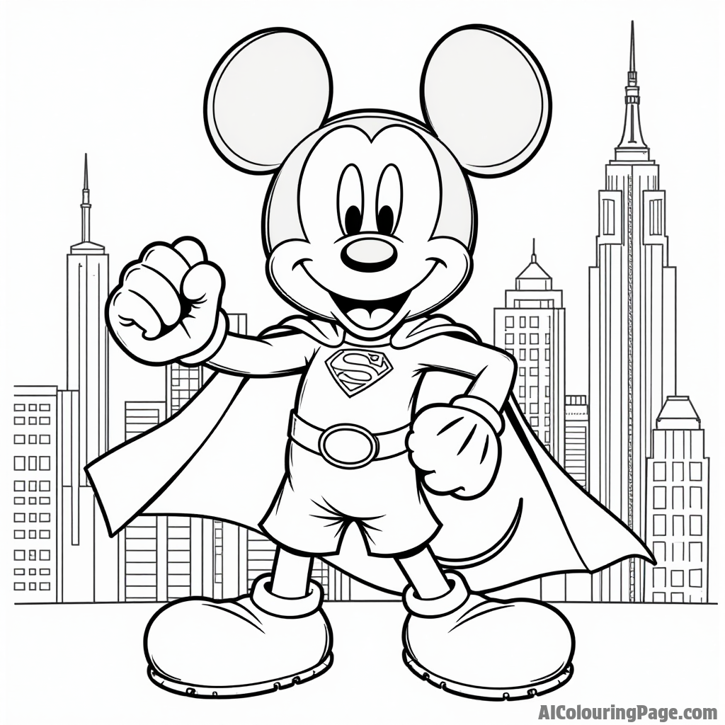 Mickey Mouse dressed as a superhero, striking a heroic pose, with a city skyline in the background.