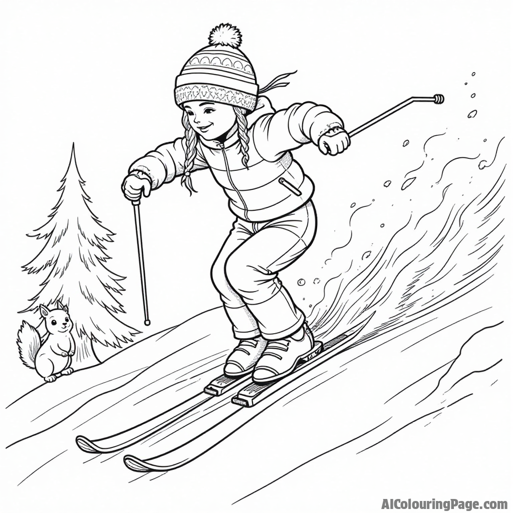 A brave little skier racing down a slope, with her colorful beanie flying in the wind, while a playful squirrel watches from a nearby tree for an exciting coloring page.