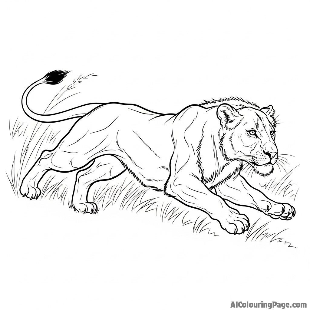 A dynamic ink wash painting of a hunting lioness, her form fluid and intense.