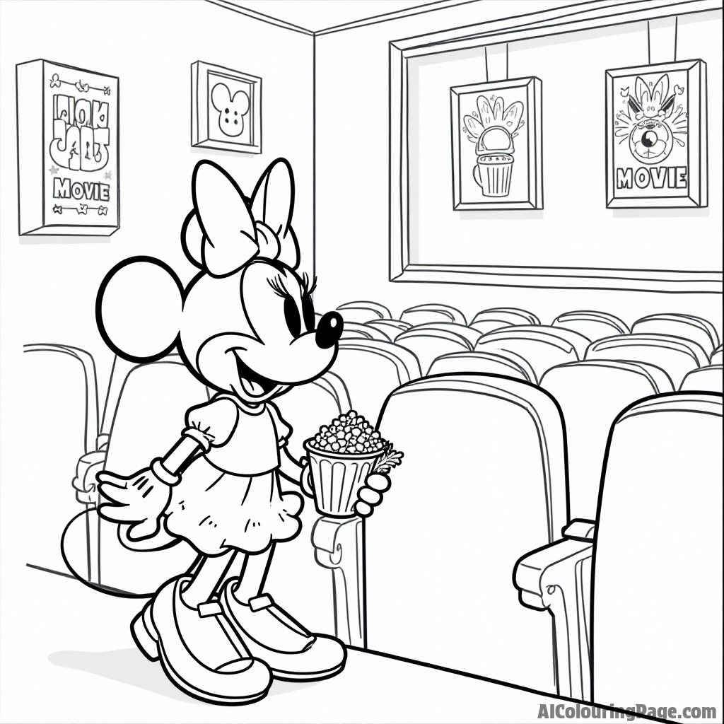 Minnie Mouse at a movie theater, watching a film, with popcorn and colorful movie posters decorating the walls