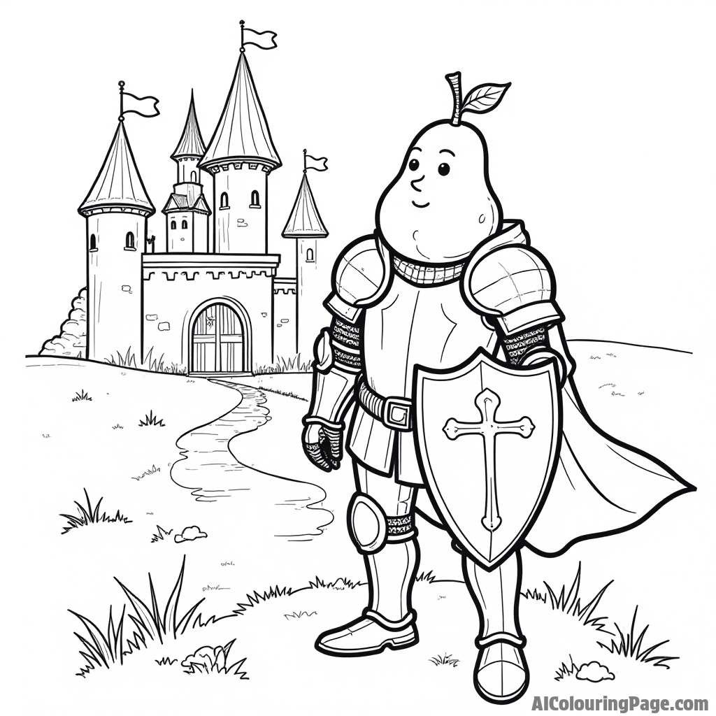 A pear knight in shining armor standing in front of a castle, ready for an adventure, perfect for imaginative coloring.