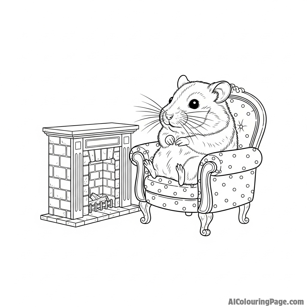 A hamster sitting in a miniature armchair by a tiny, unlit fireplace