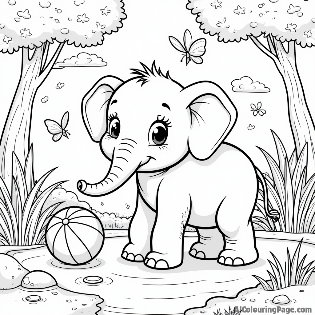 A cute baby elephant playing with a ball near a riverbank, with butterflies fluttering around, set in a lively jungle environment, encouraging children to color and explore their wild imagination.