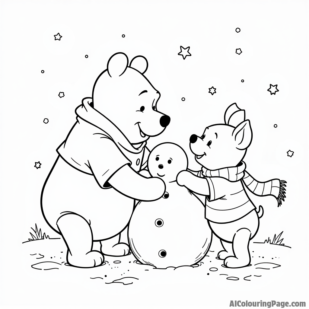 Winnie the Pooh and Piglet building a snowman, with snowflakes falling gently and a scarf draped around the snowman.