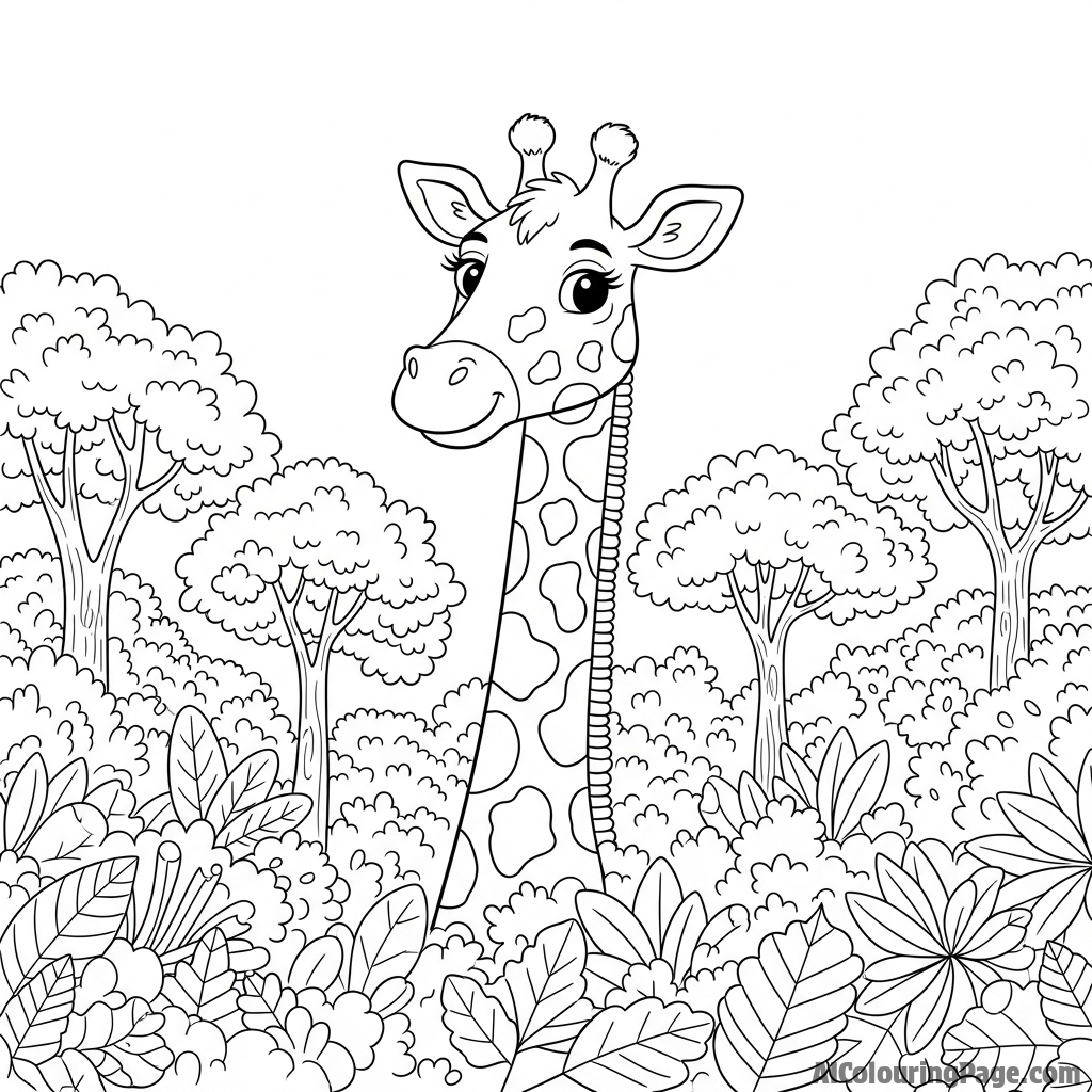 A giraffe's head and long neck appearing over a dense thicket of trees.
