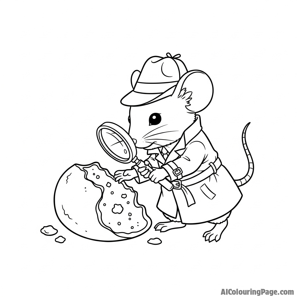 A mouse detective in a tiny trench coat examining a crumb with a magnifying glass.