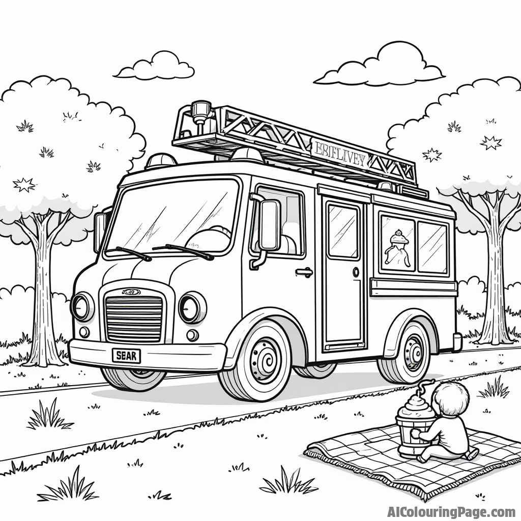 A friendly fire truck delivering ice cream to children playing in a park, surrounded by trees and picnic blankets for a fun-filled coloring activity.