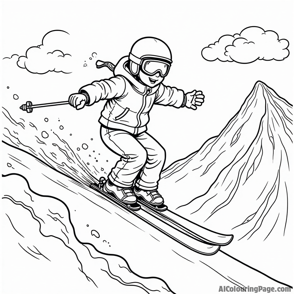 An adventurous boy in a bright ski outfit jumping off a snowy ramp, with a snow-covered mountain peak behind him and fluffy clouds above for a thrilling skiing coloring page.