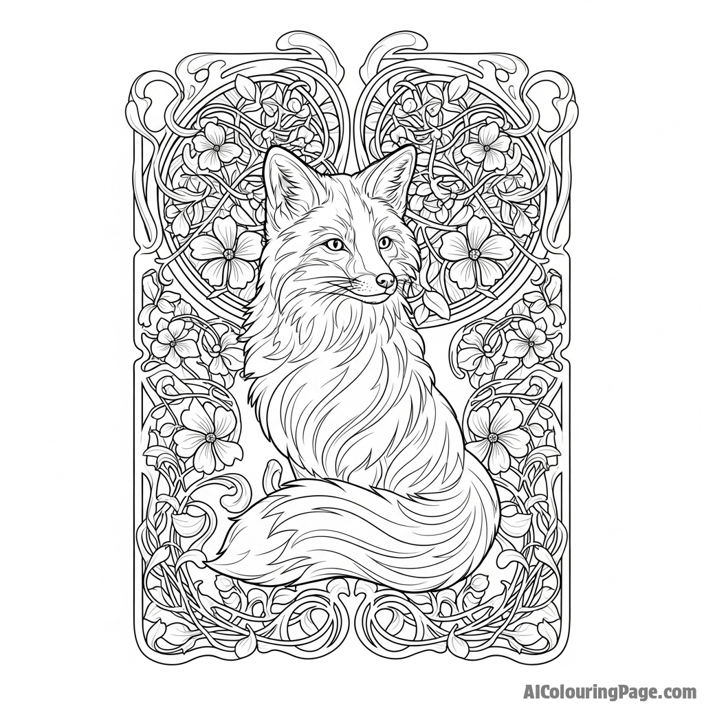 An Art Nouveau illustration of a fox framed by intricate, swirling botanical patterns.