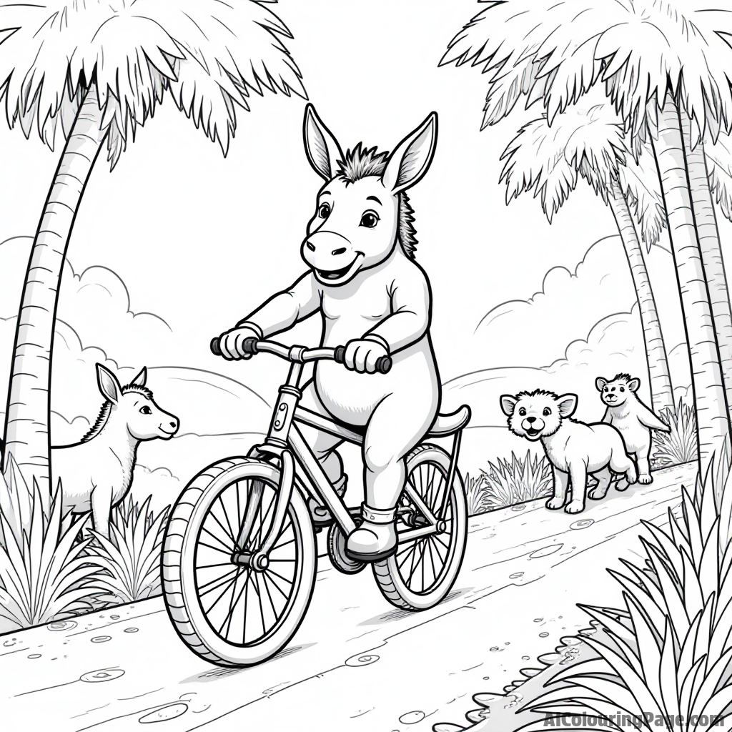 A donkey riding a bicycle made of bananas, pedaling down a jungle path with animals cheering along the way