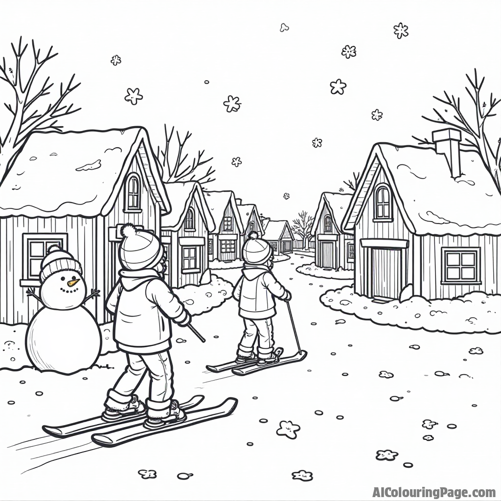 A snowy village scene featuring children skiing between cozy houses, with snowflakes falling and friendly snowmen standing in the background for a heartwarming sports coloring page.