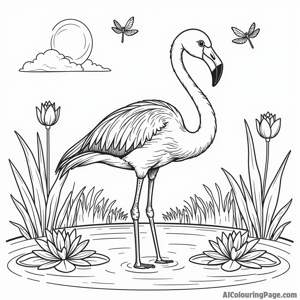 A friendly flamingo standing gracefully in a pond filled with water lilies and dragonflies buzzing around on a sunny day.