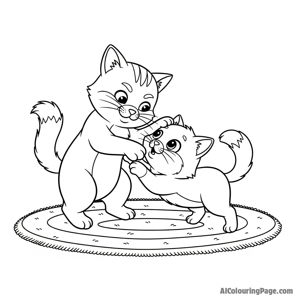 Two cats playfully wrestling on a soft rug.