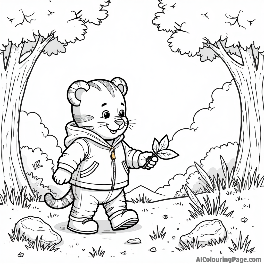 Daniel Tiger going on a nature walk with his friends, collecting leaves, rocks, and flowers in a sunny forest.