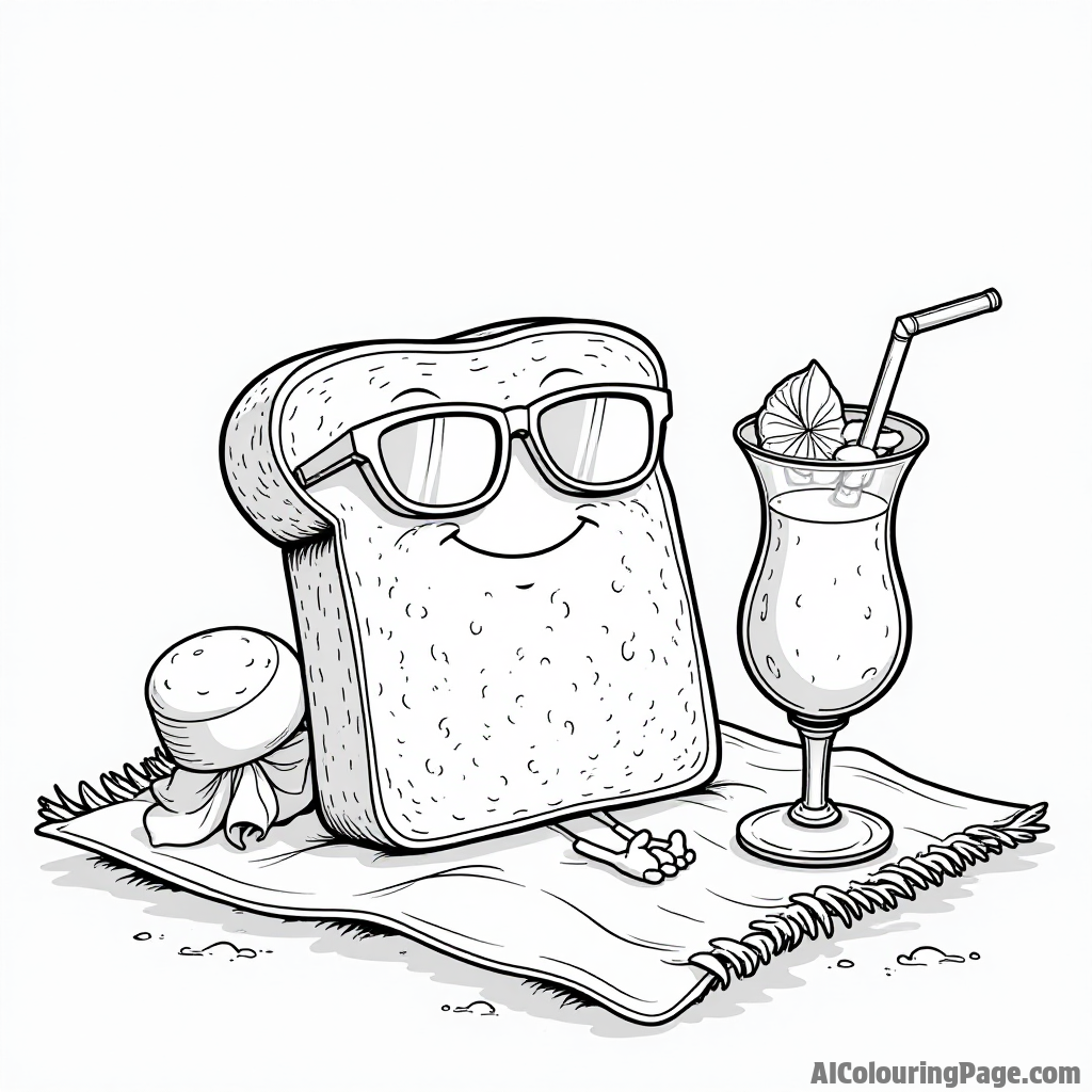 A slice of bread wearing sunglasses, relaxing on a beach towel with a tropical drink and a sun hat nearby.