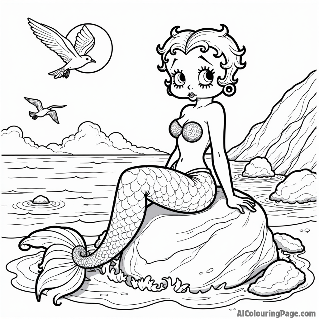 Betty Boop as a mermaid sitting on a rock with waves crashing and seagulls flying in the sunny sky