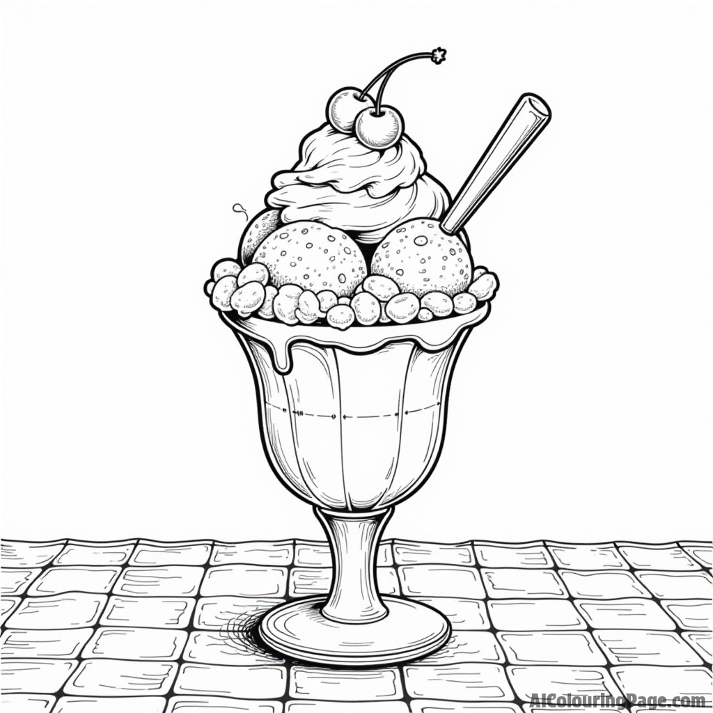 An ice cream sundae stacked high with cherries and whipped cream, sitting on a picnic table with a checkered tablecloth