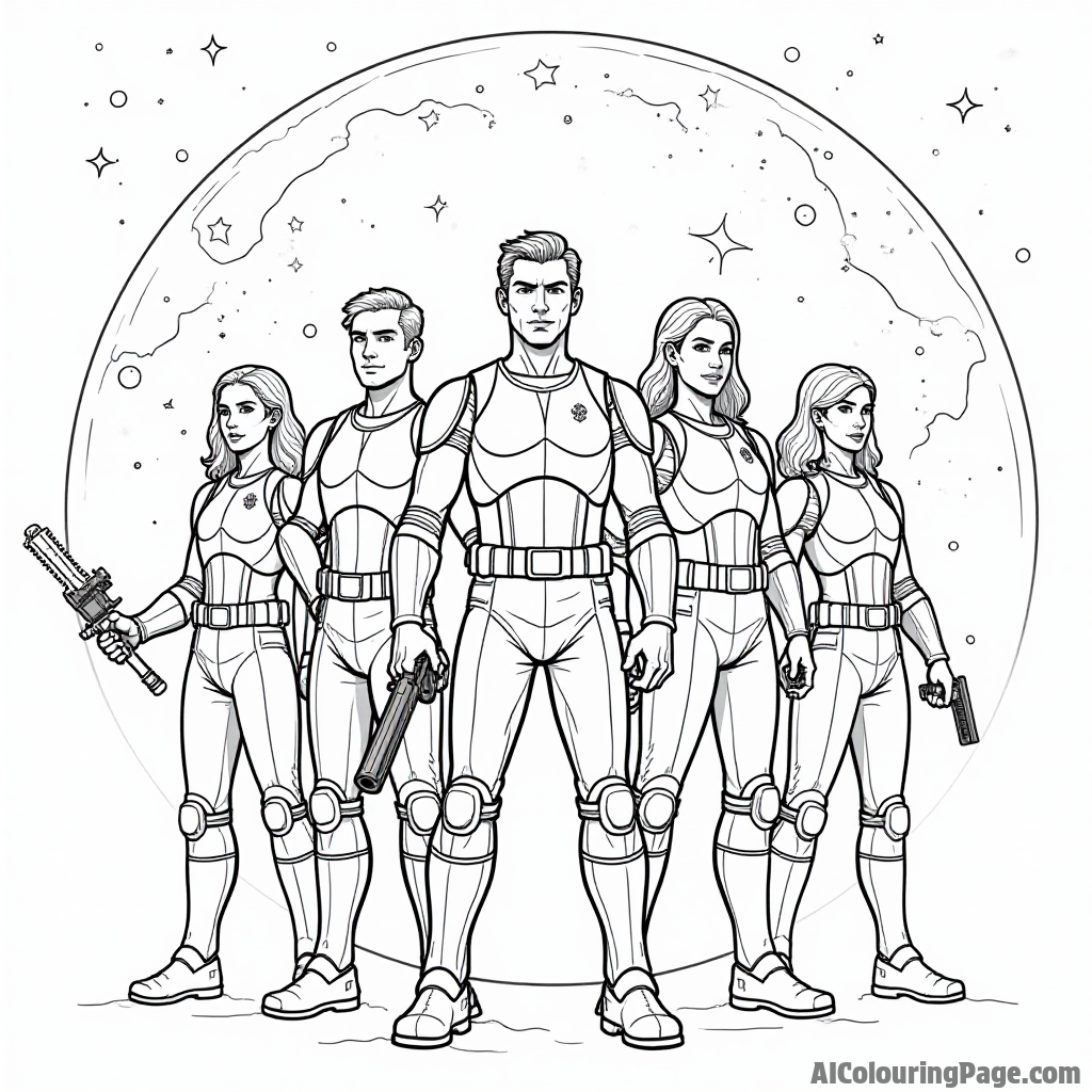 A brave crew of characters standing together, each holding a unique weapon, with a vibrant galaxy swirling behind them.