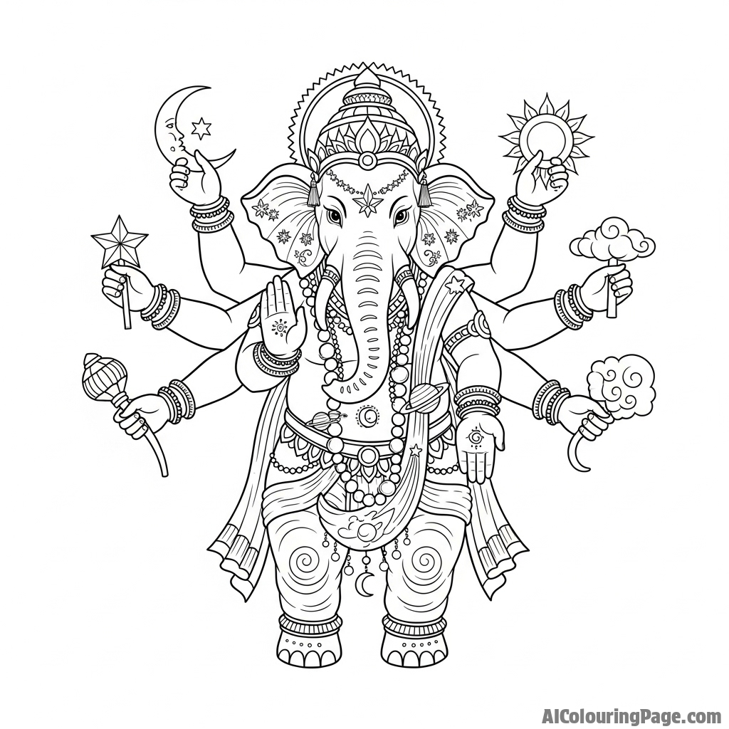 An elephant as a powerful deity with multiple arms, adorned with celestial jewelry.